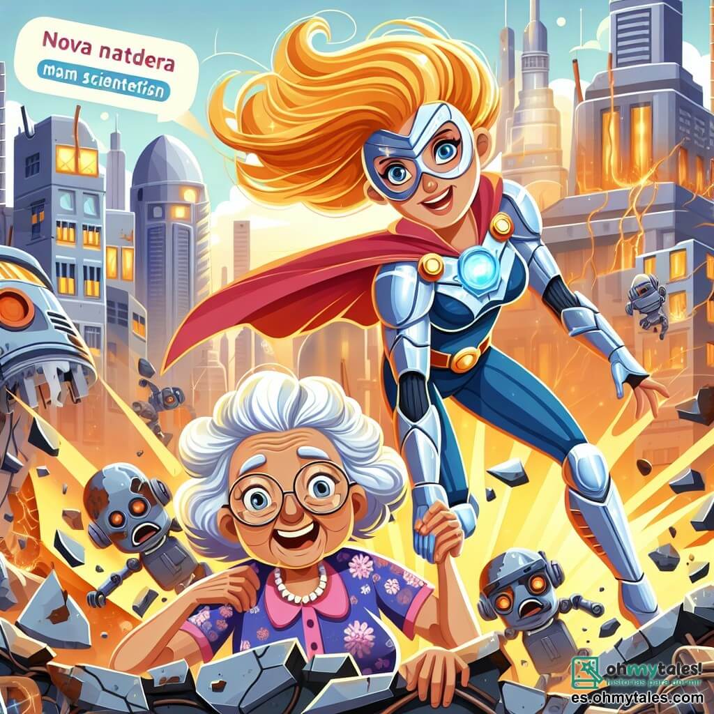 Une illustration destinée aux enfants représentant une super-héroïne aux cheveux dorés brillants, en train de sauver une vieille dame piégée sous des décombres, avec en arrière-plan une ville futuriste appelée Nova City, où un scientifique fou (homme) déploie des robots destructeurs.