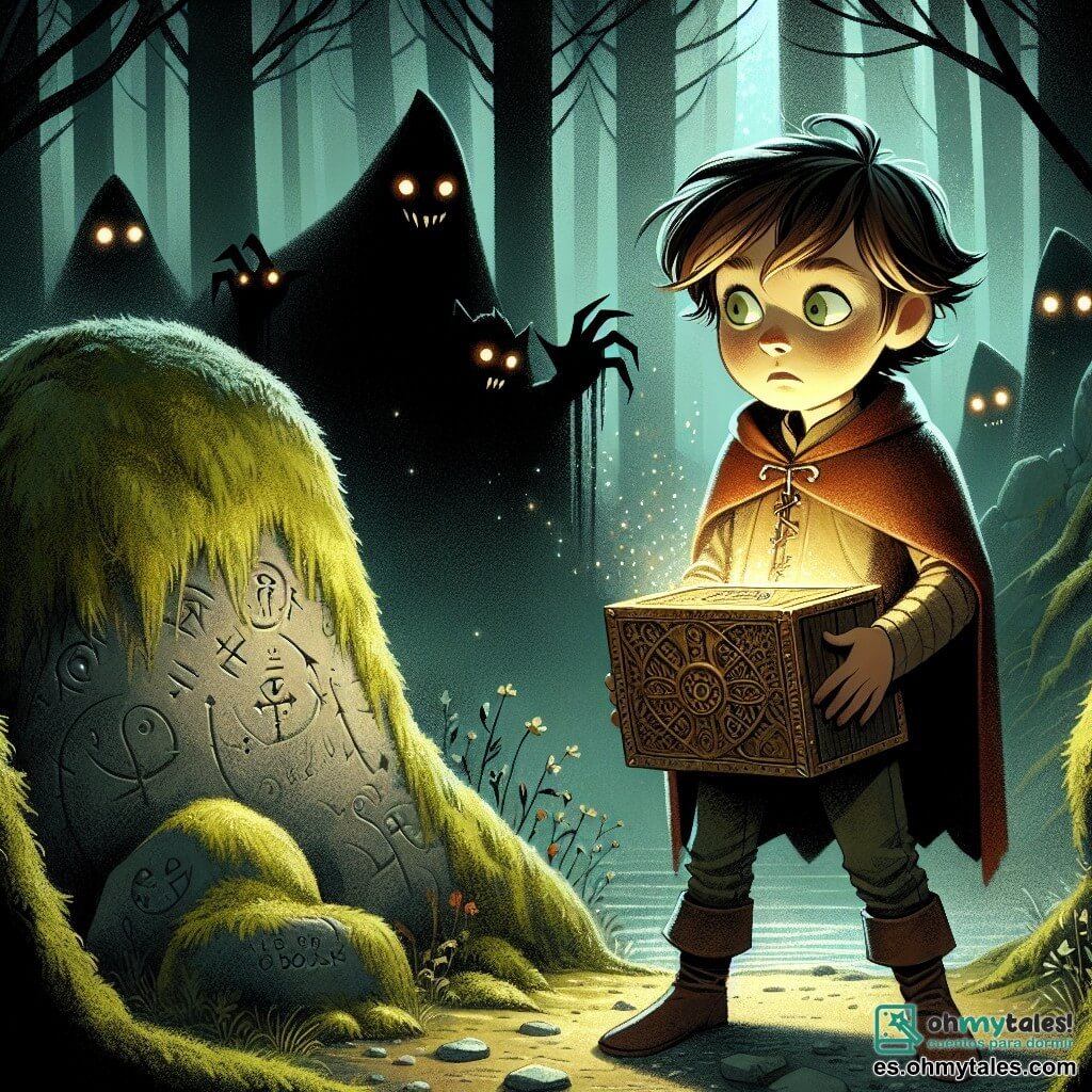 Une illustration sous forme de dessin destinée aux enfants représentant un clair obscur dans un mystérieux bois, où un garçon de 11 ans aux cheveux ébouriffés et aux yeux curieux se tient devant une grande roche recouverte de mousse, tenant une petite boîte en bois ornée de symboles étranges, tandis qu'à l'arrière-plan, des ombres menaçantes aux yeux brillants s'approchent lentement, créant une atmosphère à la fois intrigante et légèrement effrayante, illustrant le moment où le garçon doit affronter ses peurs pour découvrir le secret de la boîte.
