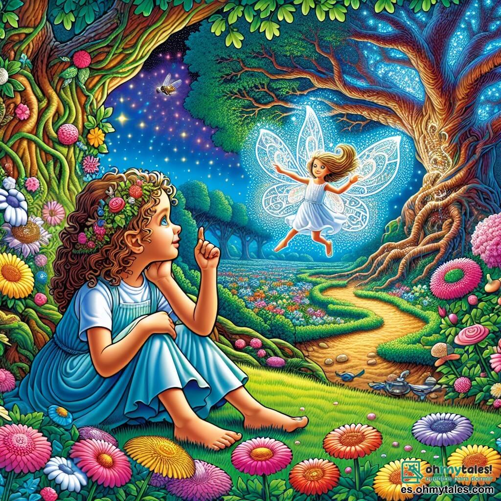 Une illustration sous forme de dessin destinée aux enfants représentant un jardin magique aux couleurs éclatantes, avec des fleurs brillantes et un grand chêne majestueux, où une fille de 11 ans aux cheveux bouclés et aux yeux pétillants, assise sur l'herbe, observe avec émerveillement un petit être féerique aux ailes scintillantes, qui flotte devant elle en lui chuchotant des secrets, tandis qu'un chemin mystérieux se dessine derrière eux, symbolisant le début d'une aventure philosophique à la recherche de la vérité et de soi-même.