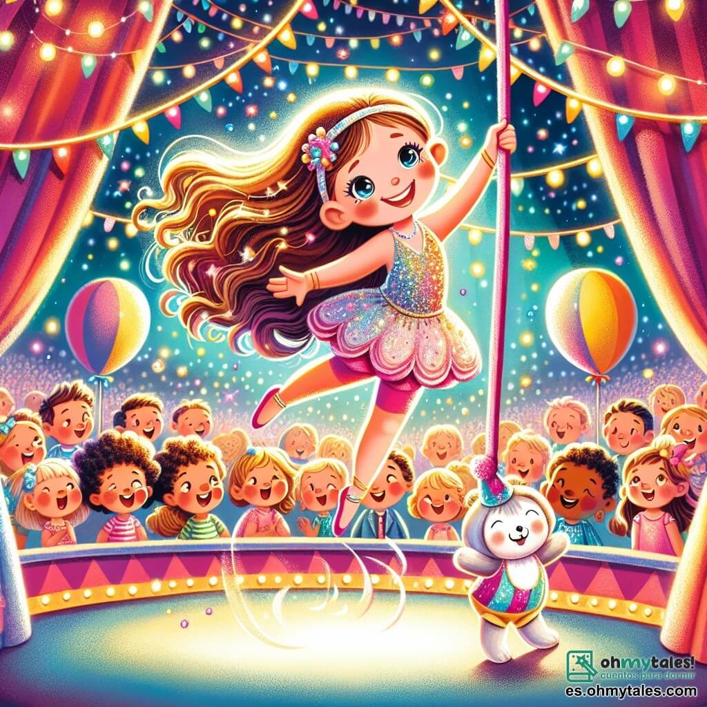 Une illustration sous forme de dessin destinée aux enfants représentant une scène colorée et joyeuse dans un cirque animé, avec une petite fille trapéziste aux cheveux longs et brillants, vêtue d'un costume scintillant, souriante et effectuant une pirouette dans les airs, tandis qu'un garçon de 1 an, aux cheveux bouclés et aux yeux pétillants, se tient en bas, émerveillé et riant, entouré de spectateurs amusés, des ballons colorés flottant autour et des lumières vives illuminant la scène, capturant l'esprit magique et ludique du cirque.