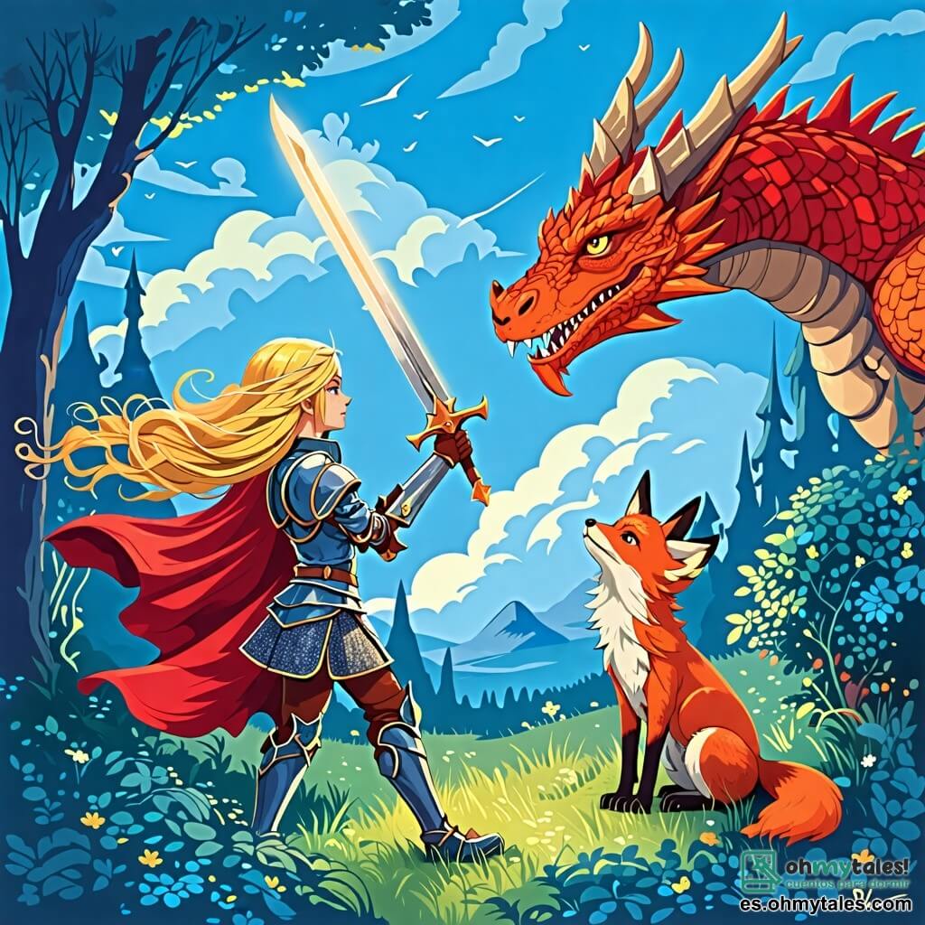 Une illustration sous forme de dessin destinée aux enfants représentant une scène épique dans un royaume féerique, où une courageuse chevaleresse aux cheveux longs et dorés, vêtue d'une armure scintillante, brandit une épée brillante face à un immense dragon aux écailles rougeoyantes, tandis qu'un petit zorro aux yeux malicieux observe la scène depuis un buisson, prêt à aider, le tout sous un ciel bleu parsemé de nuages cotonneux, illustrant le moment où la chevaleresse se prépare à défendre son village contre la menace du dragon.