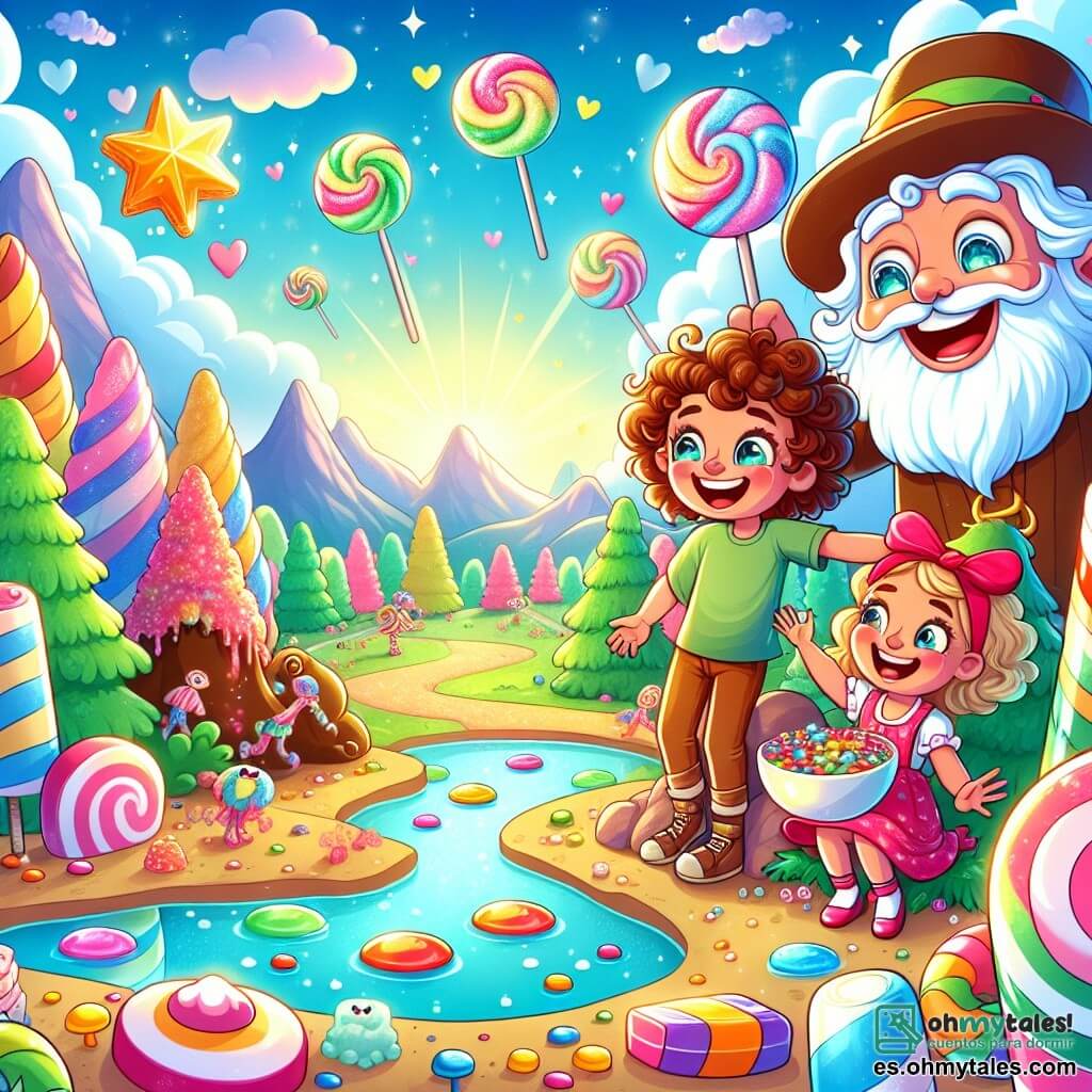 Ilustración que representa un paisaje encantador de la Tierra de los Caramelos, donde árboles de azúcar de cebada de colores vivos se elevan hacia un cielo azul pastel, salpicado de nubes en forma de malvavisco. En el centro de la escena, un niño de aproximadamente 8 años, con cabello rizado y castaño, sonríe con ojos chispeantes mientras sostiene un enorme caramelo en forma de estrella brillante. A su lado, una niña de 7 años, con cabello largo y rubio, que lleva un bonito lazo rojo, se inclina para admirar un lago de gelatina multicolor que brilla bajo el sol. Detrás de ellos, un hombre de rasgos alegres, con un gran sombrero colorido y una barba de algodón de azúcar, los invita a jugar un juego divertido. La escena está llena de ríos de chocolate que fluyen suavemente y montañas de caramelos, creando una atmósfera mágica y alegre. Los niños ríen y se divierten, rodeados de dulces, mientras pájaros de caramelo vuelan en el cielo, añadiendo un toque de fantasía a esta aventura azucarada.