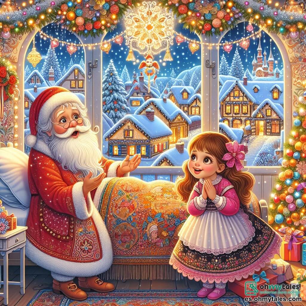 Une illustration destinée aux enfants représentant une jeune fille émerveillée par la visite inattendue de Papá Noel dans sa chambre, accompagnée de sa grand-mère guérissant miraculeusement, dans un village enchanteur décoré de guirlandes scintillantes et de lumières étincelantes pour célébrer la magie de Noël.