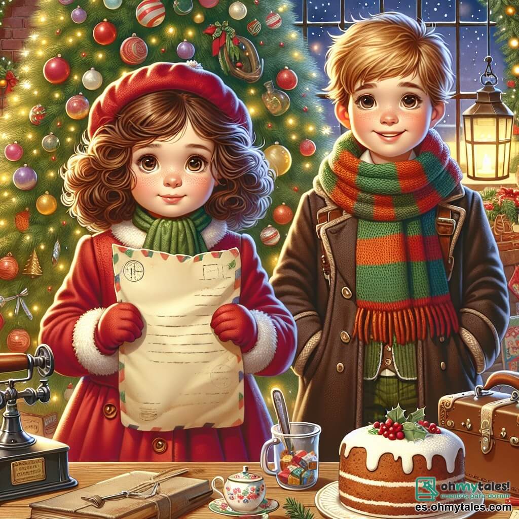 Une illustration sous forme de dessin destinée aux enfants représentant un chaleureux salon décoré pour Noël, avec un grand arbre illuminé en arrière-plan, une fille de 11 ans aux cheveux bruns et bouclés, vêtue d'un manteau rouge, tenant une lettre jaunie avec un regard déterminé, tandis qu'à ses côtés se tient un garçon aux cheveux blonds, souriant et vêtu d'une écharpe colorée, tous deux prêts à partir à l'aventure pour livrer la lettre à Santa Claus, entourés de jouets anciens et de gâteaux de Noël sur une table en bois.