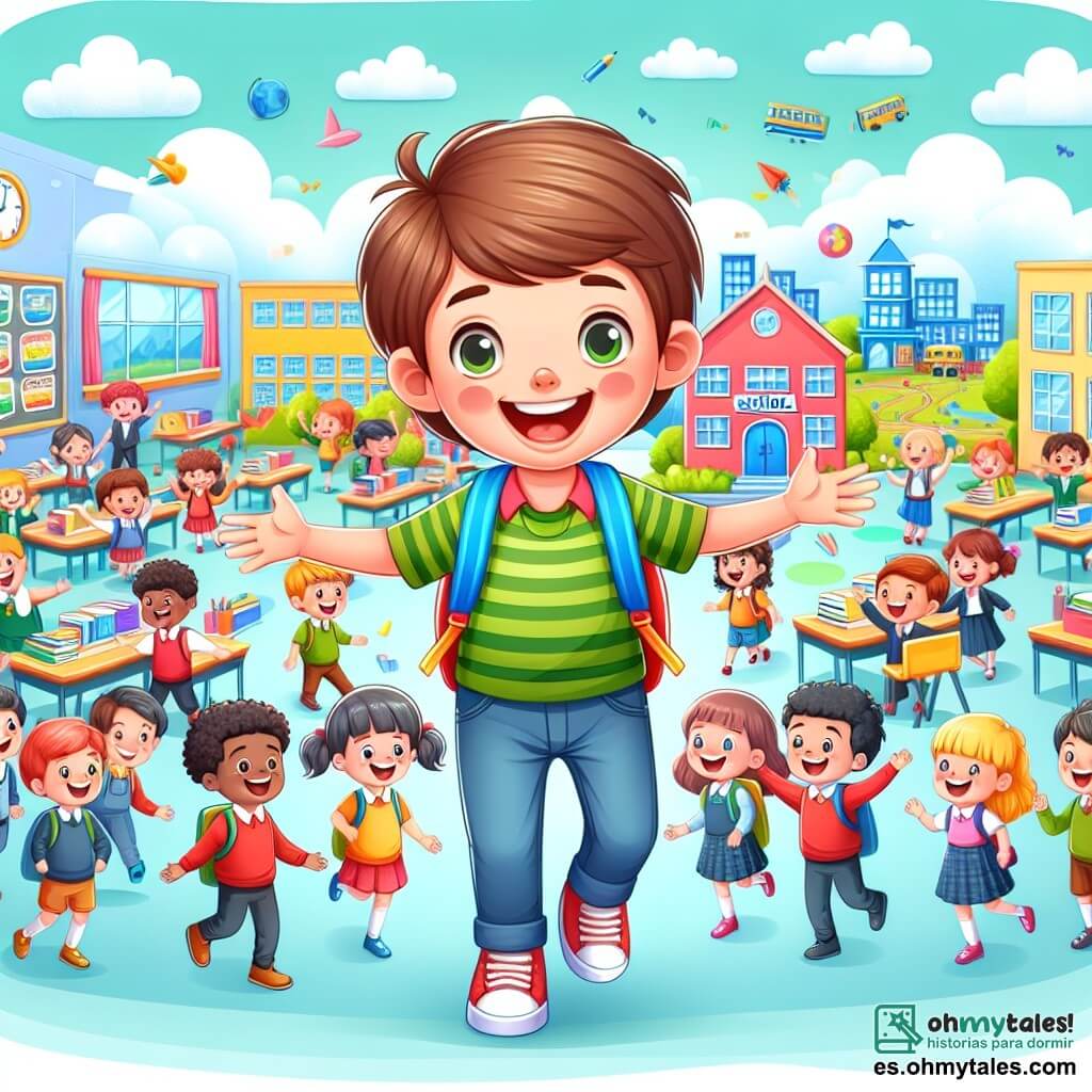 Une illustration destinée aux enfants représentant un jeune garçon, plein d'enthousiasme, qui se retrouve au cœur d'une aventure scolaire passionnante, accompagné de ses camarades de classe, dans une école colorée et animée, remplie de salles de classe, de couloirs bondés et d'une cour de récréation joyeuse.