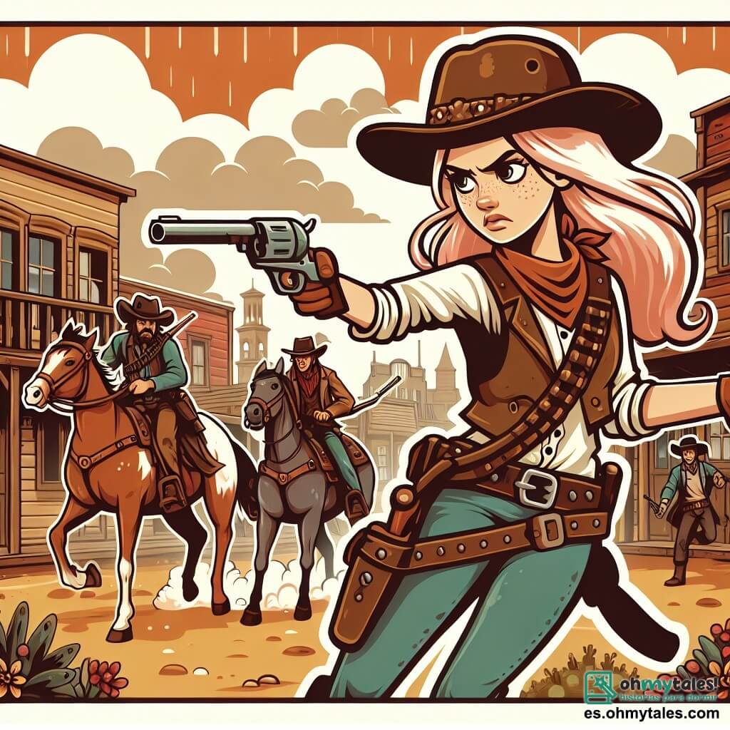 Une illustration destinée aux enfants représentant une cowgirl intrépide affrontant des bandits dans un village poussiéreux du Far West, avec son fidèle cheval Pinto à ses côtés, prête à défendre les habitants avec courage et détermination.