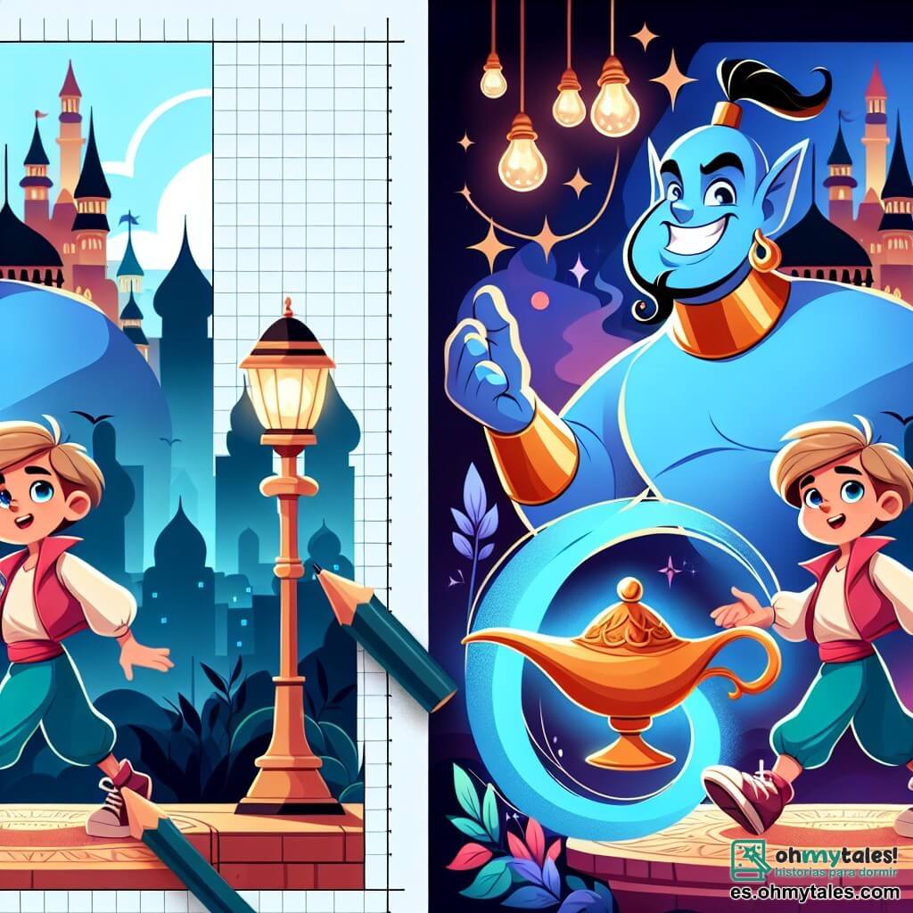 Une illustration destinée aux enfants représentant un jeune garçon intrépide, vivant dans une cité enchanteresse, qui découvre une lampe magique et rencontre un génie majestueux, dans un royaume rempli de merveilles et de mystères.
