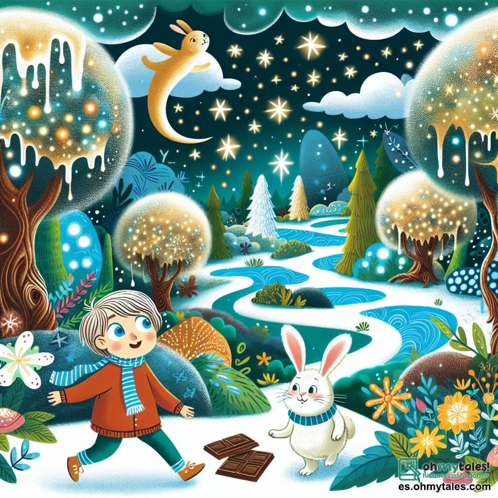 Une illustration destinée aux enfants représentant un garçon vivant une aventure magique lors de la fête du Nouvel An, accompagné d'un lapin blanc parlant, dans un monde de rêves rempli d'arbres géants, de fleurs lumineuses et de rivières de chocolat.