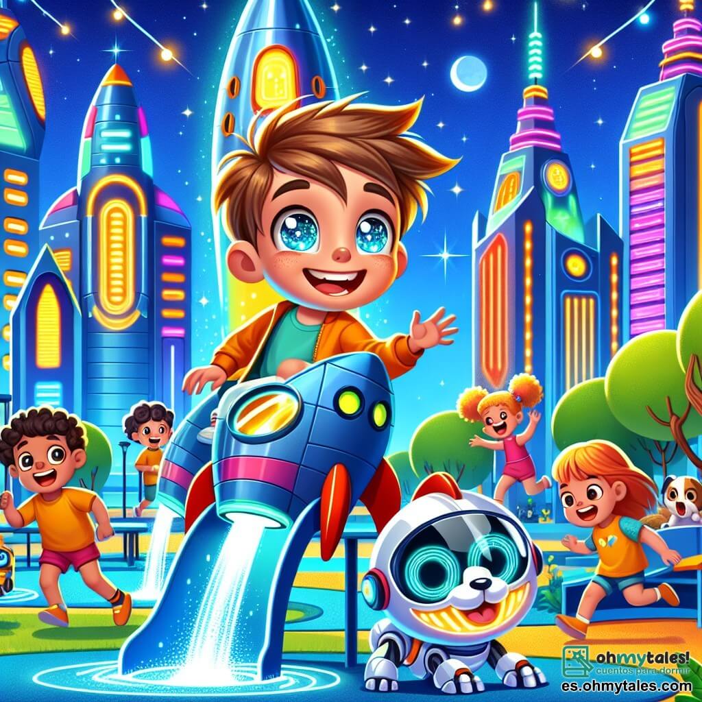 Une illustration sous forme de dessin destinée aux enfants représentant un parc futuriste dans la Ville de Luz Brillante, avec des bâtiments colorés et des arbres lumineux, où un garçon de 7 ans aux cheveux ébouriffés et aux yeux pétillants explore joyeusement un toboggan en forme de fusée, entouré de plusieurs enfants, dont une fille aux cheveux bouclés qui rit en tenant un pinceau géant pour peindre avec de l'eau, tandis qu'un petit robot en forme de chien, avec des yeux LED clignotants, court autour d'eux, créant une atmosphère de découverte et d'amitié dans un monde technologique et coloré.