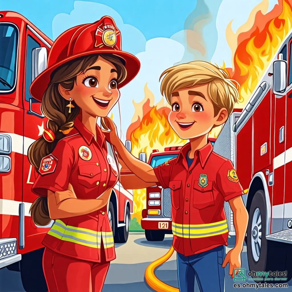 Une illustration sous forme de dessin destinée aux enfants représentant une caserne de pompiers colorée avec des camions rouges brillants garés à l'extérieur, où une femme pompier aux cheveux bruns attachés en queue de cheval, portant un casque brillant et une tenue rouge, sourit en montrant à un garçon curieux aux yeux pétillants et aux cheveux blonds, comment fonctionne la grande manguera de lutte contre les incendies, tandis que des flammes stylisées dansent en arrière-plan, symbolisant l'aventure et le courage des pompiers.
