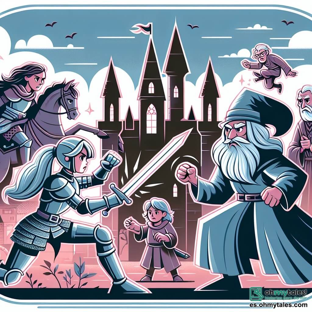 Une illustration destinée aux enfants représentant une chevalière intrépide affrontant un hechicero malvado dans la cité médiévale de Villa Esperanza, sous le regard bienveillant d'un ancien sage.