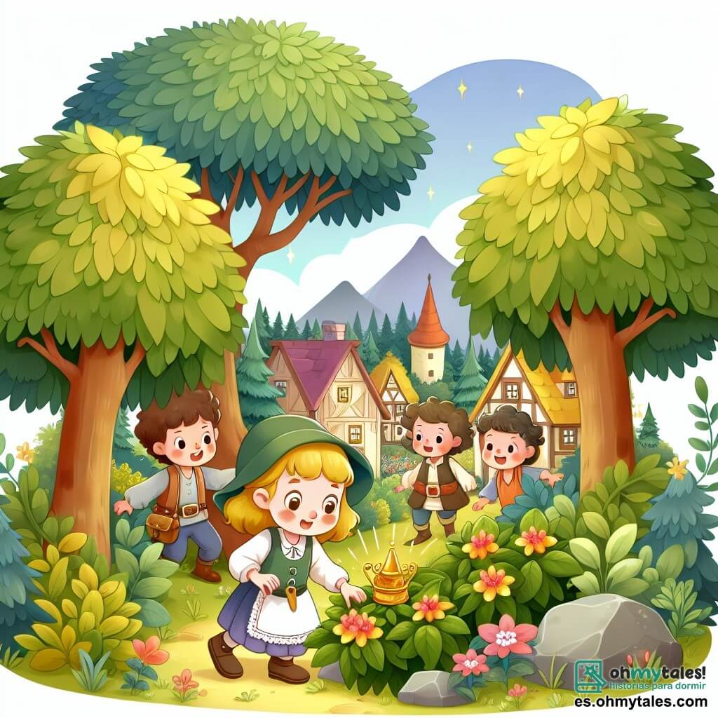 Une illustration destinée aux enfants représentant une petite fille curieuse, entourée d'arbres aux feuilles flamboyantes, découvrant un trésor caché avec l'aide de ses amis, dans un village pittoresque niché au cœur d'une forêt enchantée.