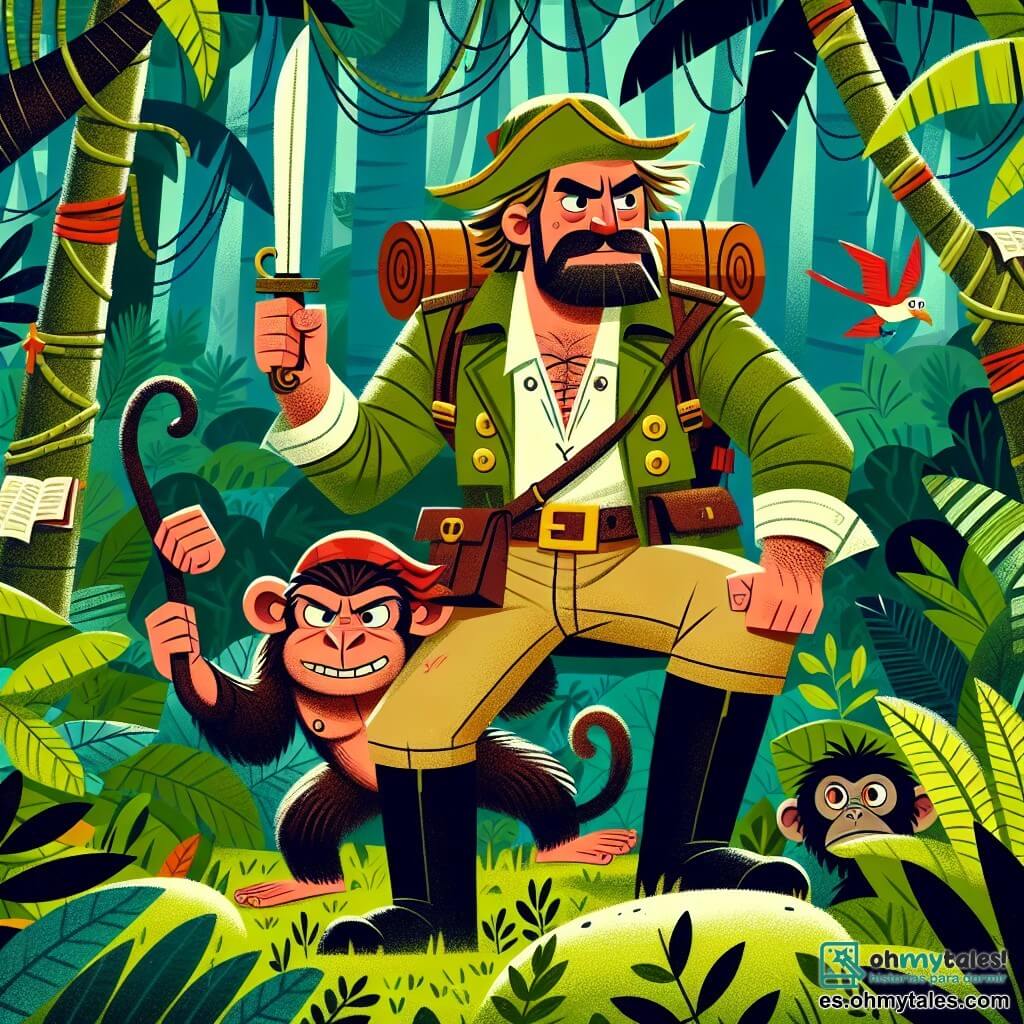 Une illustration destinée aux enfants représentant un explorateur homme courageux, accompagné d'un singe malicieux, se perdant dans une dense et mystérieuse jungle luxuriante.