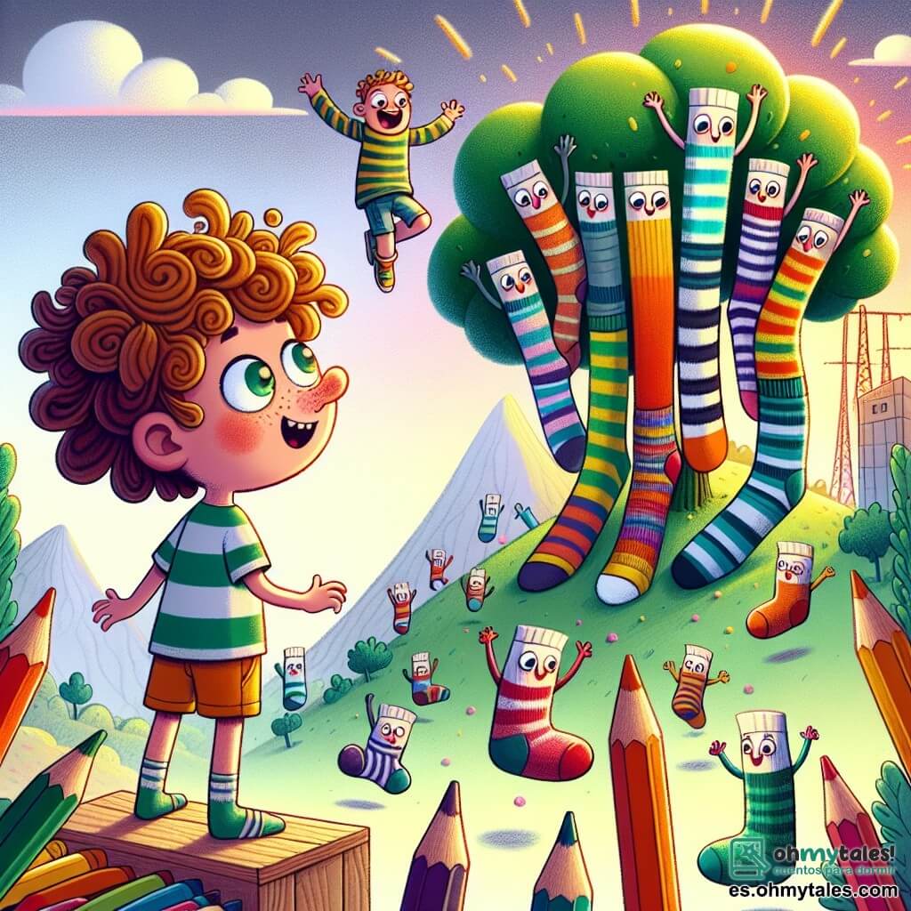 Une illustration sous forme de dessin destinée aux enfants représentant un paysage fantastique de la Terre des Objets Perdus, où un garçon de 11 ans aux cheveux bouclés et aux yeux pétillants, portant un t-shirt rayé et un short coloré, se tient émerveillé devant un grand arbre fait de crayons de couleur, tandis qu'un groupe de calcetines animés, avec des visages souriants et des bras en élastique, s'apprête à sauter dans une compétition joyeuse, le tout baigné dans une lumière douce et colorée, créant une atmosphère ludique et magique.
