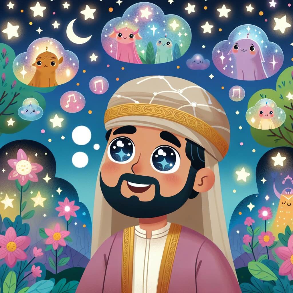 Une illustration destinée aux enfants représentant un homme rêveur, les yeux étincelants d'étoiles, découvrant un monde magique rempli de créatures lumineuses, sur un planète lointaine aux arbres scintillants et aux fleurs chantantes.