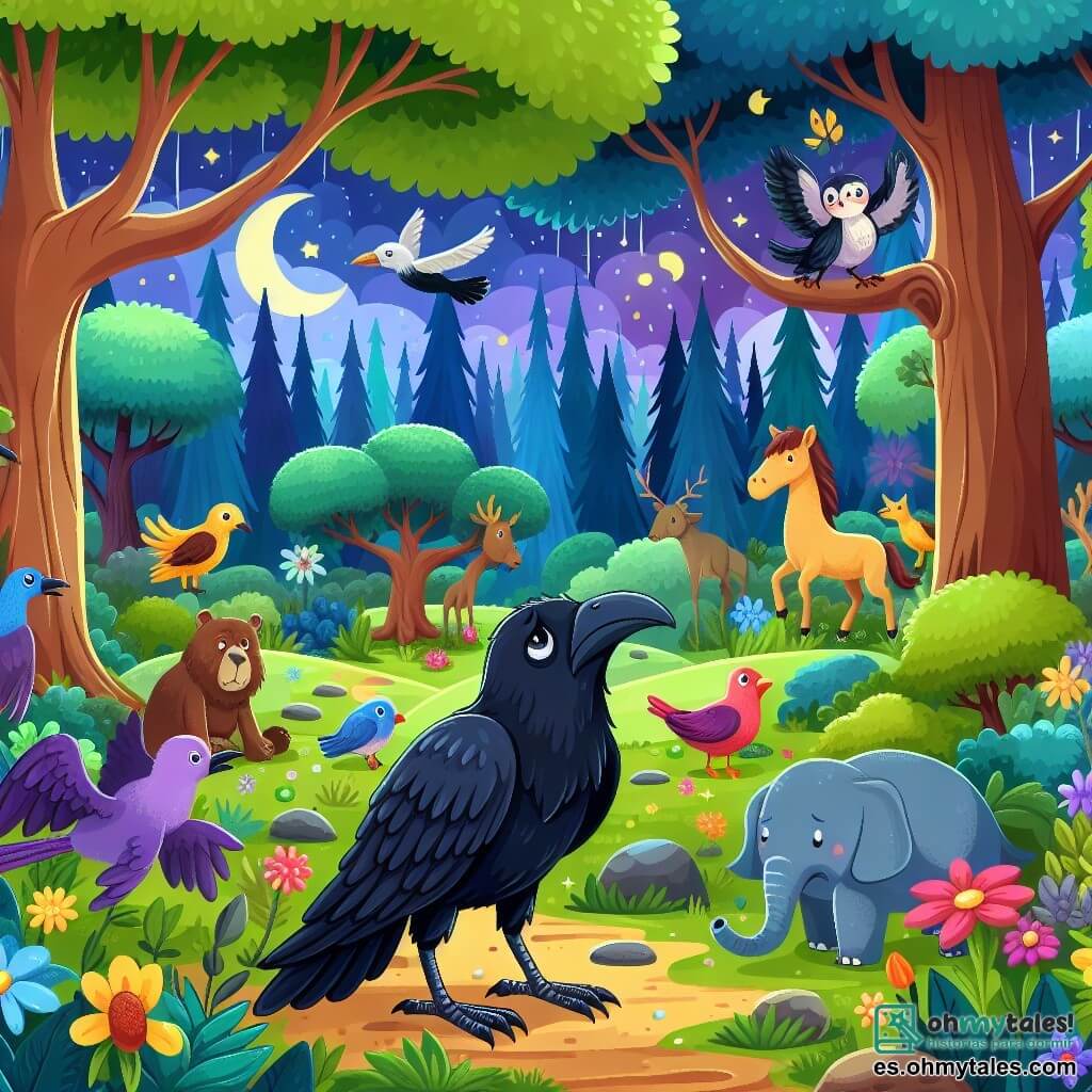 Une illustration destinée aux enfants représentant un corbeau solitaire, cherchant désespérément un ami, dans une forêt enchantée remplie d'arbres majestueux, de fleurs colorées et d'animaux joyeux.