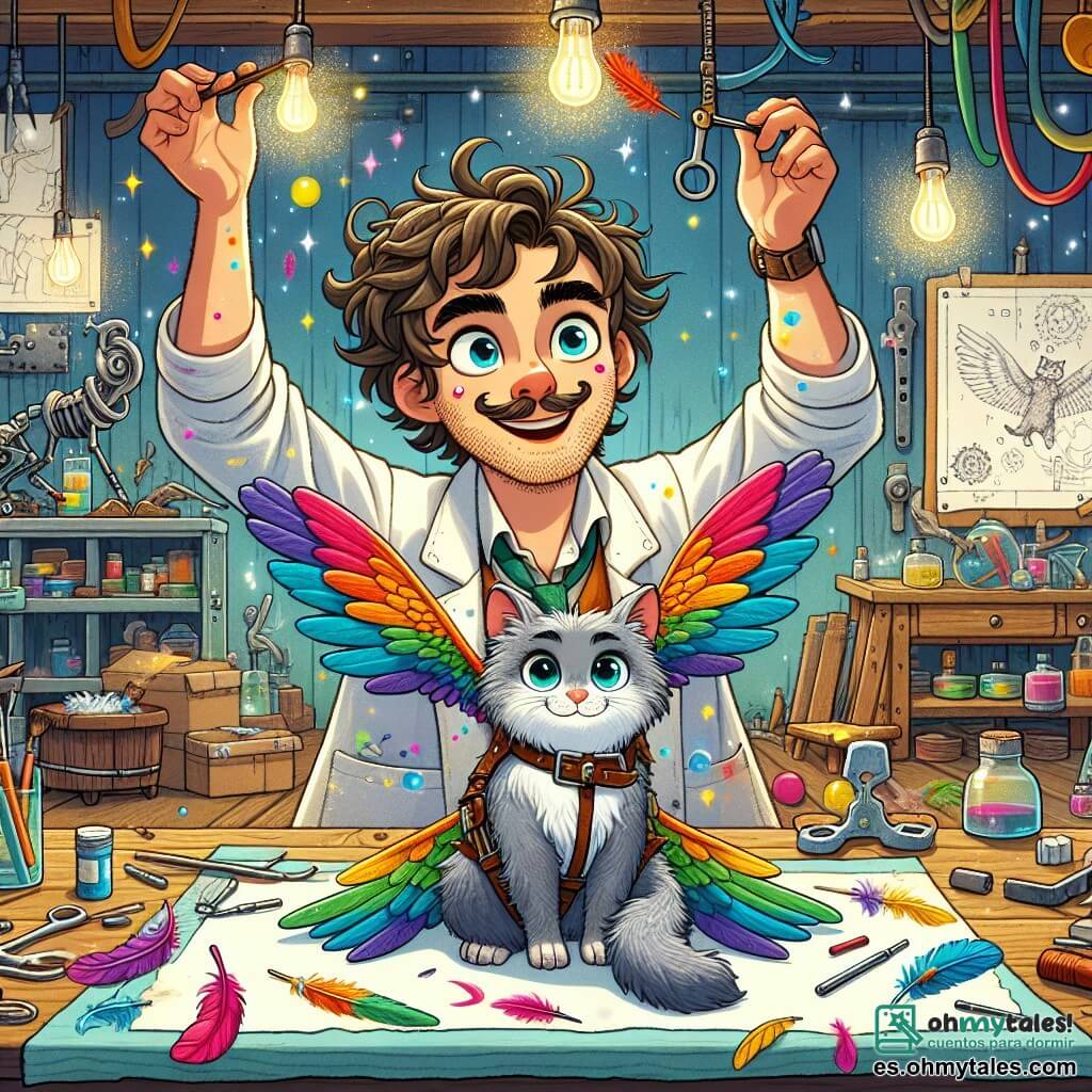 Ilustración que representa un taller colorido y mágico, lleno de herramientas brillantes, planos de invenciones colgados en las paredes y materiales variados como plumas, globos y piezas de metal. En el centro, un hombre de cabello despeinado y bigote tembloroso, vestido con una bata de laboratorio manchada de pintura, está fijando alas coloridas a un arnés. A su lado, un gato de pelo gris y ojos chispeantes observa con curiosidad, sentado en una mesa de madera, listo para embarcarse en una aventura. El hombre tiene una sonrisa entusiasta, con ojos brillantes de imaginación, mientras ajusta cuidadosamente las alas. La escena está llena de burbujas de jabón flotantes y plumas que bailan en el aire, creando una atmósfera alegre y lúdica, ilustrando el momento en que el inventor prepara su invento extravagante para hacer volar a su gato.
