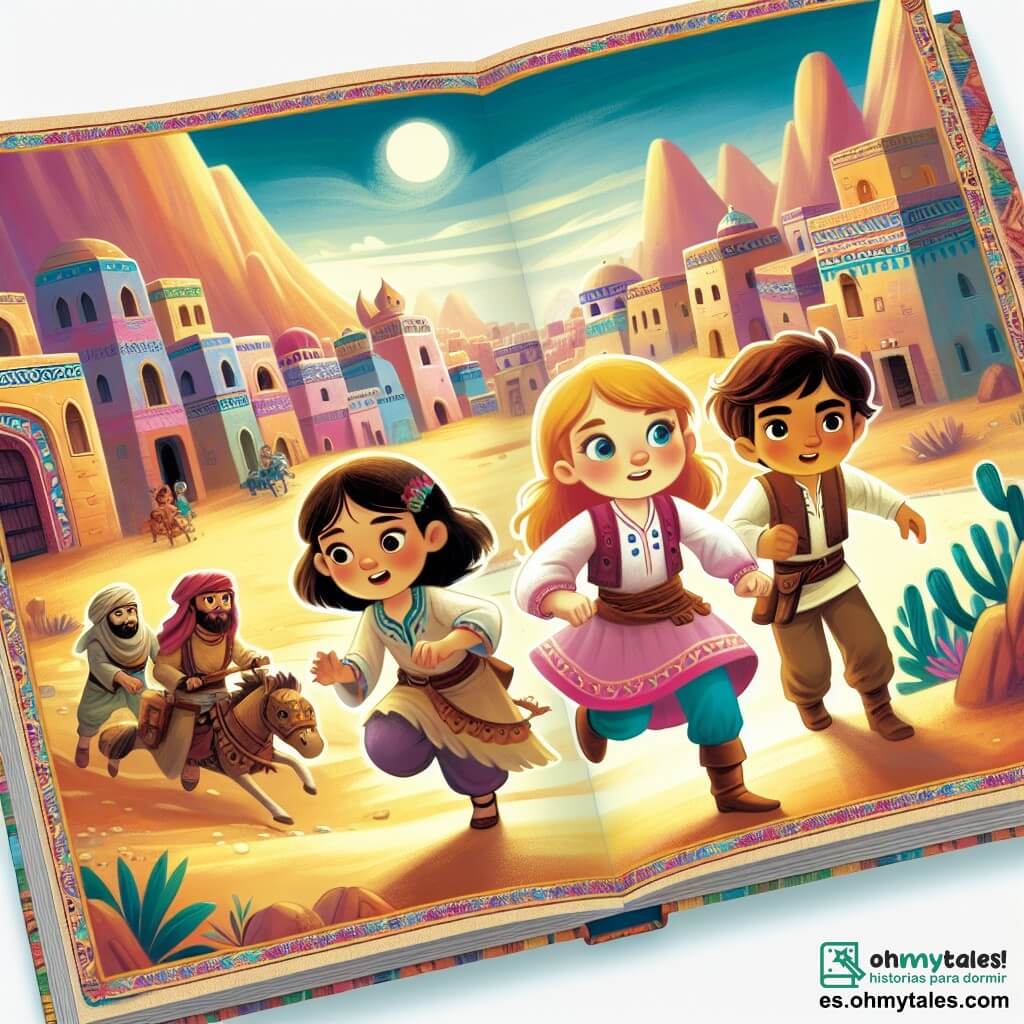 Une illustration destinée aux enfants représentant une petite fille courageuse et curieuse, accompagnée de ses amis, un garçon intrépide et une fille déterminée, partant à l'aventure dans un désert mystérieux entourant un village coloré appelé Villa Arena.