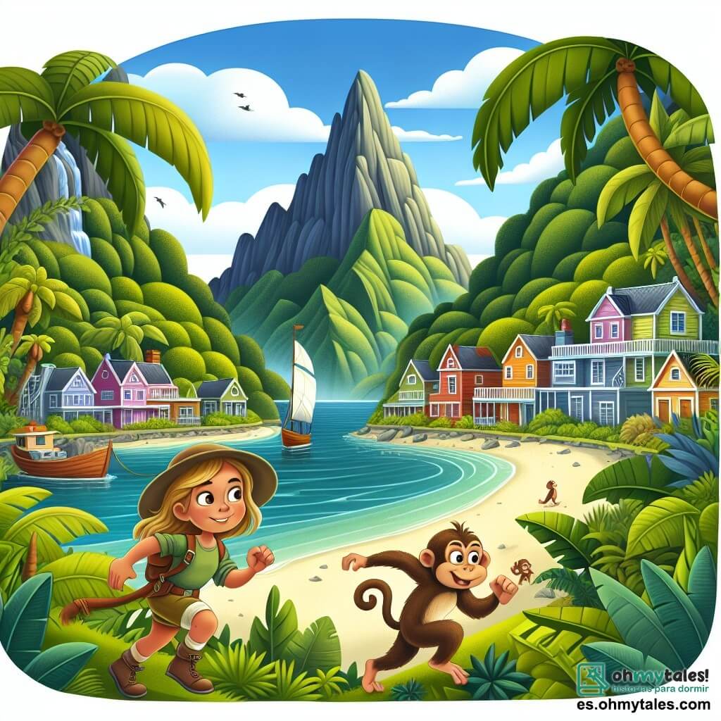 Une illustration destinée aux enfants représentant une jeune fille intrépide partant à la découverte d'une île mystérieuse en compagnie d'un singe espiègle, avec une luxuriante jungle verdoyante et une imposante montagne en arrière-plan, dans un petit village côtier aux maisons colorées et aux voiliers amarrés sur la plage.