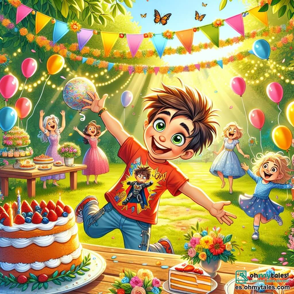 Ilustración que representa un hermoso parque soleado, lleno de flores coloridas y grandes árboles con hojas verdes brillantes. En el centro, una gran mesa de madera está decorada con guirnaldas de flores y globos multicolores, con platos de pasteles y tartas de frutas. 

Dos niños de aproximadamente ocho años están en primer plano. Uno de ellos tiene el cabello castaño desordenado, ojos brillantes y lleva una camiseta roja con un dibujo de superhéroe. Sostiene una carta brillante en sus manos, con una gran sonrisa en su rostro. El otro niño tiene el cabello rubio, gafas redondas y una camiseta azul. Está saltando de alegría, con los brazos en alto, como si estuviera celebrando un momento especial.

La escena captura el momento en que los niños sorprenden a sus mamás con una fiesta por el Día de la Madre, rodeados de risas y felicidad. En el fondo, varias mamás, con expresiones de sorpresa y alegría, descubren la fiesta, mientras que los niños bailan y juegan alrededor de ellas. Mariposas coloridas vuelan en el aire, añadiendo un toque de magia a este día memorable.