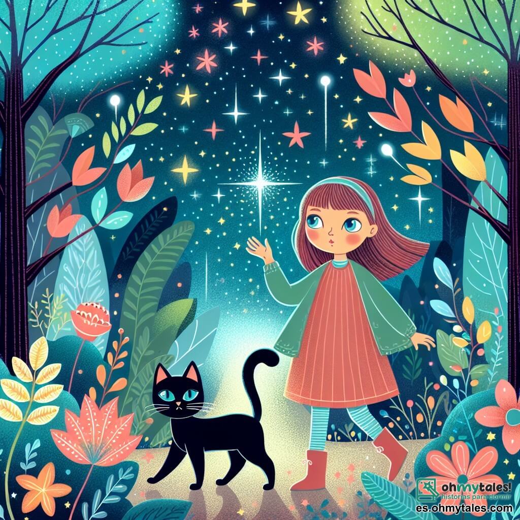 Une illustration destinée aux enfants représentant une petite fille curieuse et courageuse se promenant dans un Pays de las Maravillas enchanté, accompagnée d'un mystérieux chat qui lui enseigne des leçons de vie, entourés de arbres con hojas de colores brillantes y flores que brillan como estrellas en el cielo.