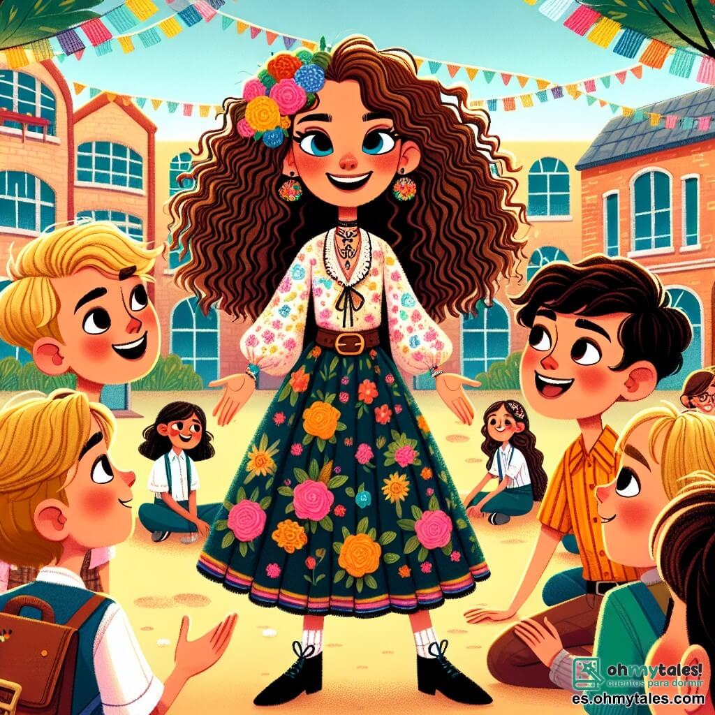 Une illustration sous forme de dessin destinée aux enfants représentant une scène colorée dans une cour d'école animée, où une fille de 12 ans aux cheveux bouclés et bruns, portant une blouse à fleurs et une jupe colorée, se tient au centre, souriante et confiante, tandis qu'un groupe de camarades de classe, dont un garçon aux cheveux blonds et un autre garçon aux cheveux noirs, tous deux d'origine européenne, l'écoutent attentivement alors qu'elle partage son message sur l'importance de la tolérance et de l'acceptation des différences, entourés de décorations festives pour le "Día de la Diversidad" qui célèbre la diversité culturelle.