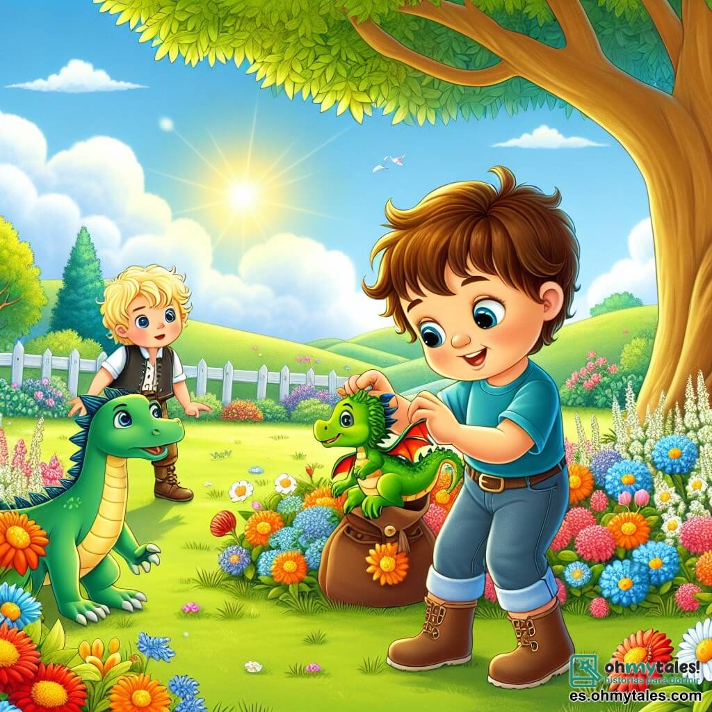 Une illustration destinée aux enfants représentant un petit garçon jouant dans un jardin ensoleillé, cachant un petit dragon vert dans sa poche, tandis qu'un ami garçon curieux observe à côté, avec des fleurs colorées et un arbre majestueux en arrière-plan.