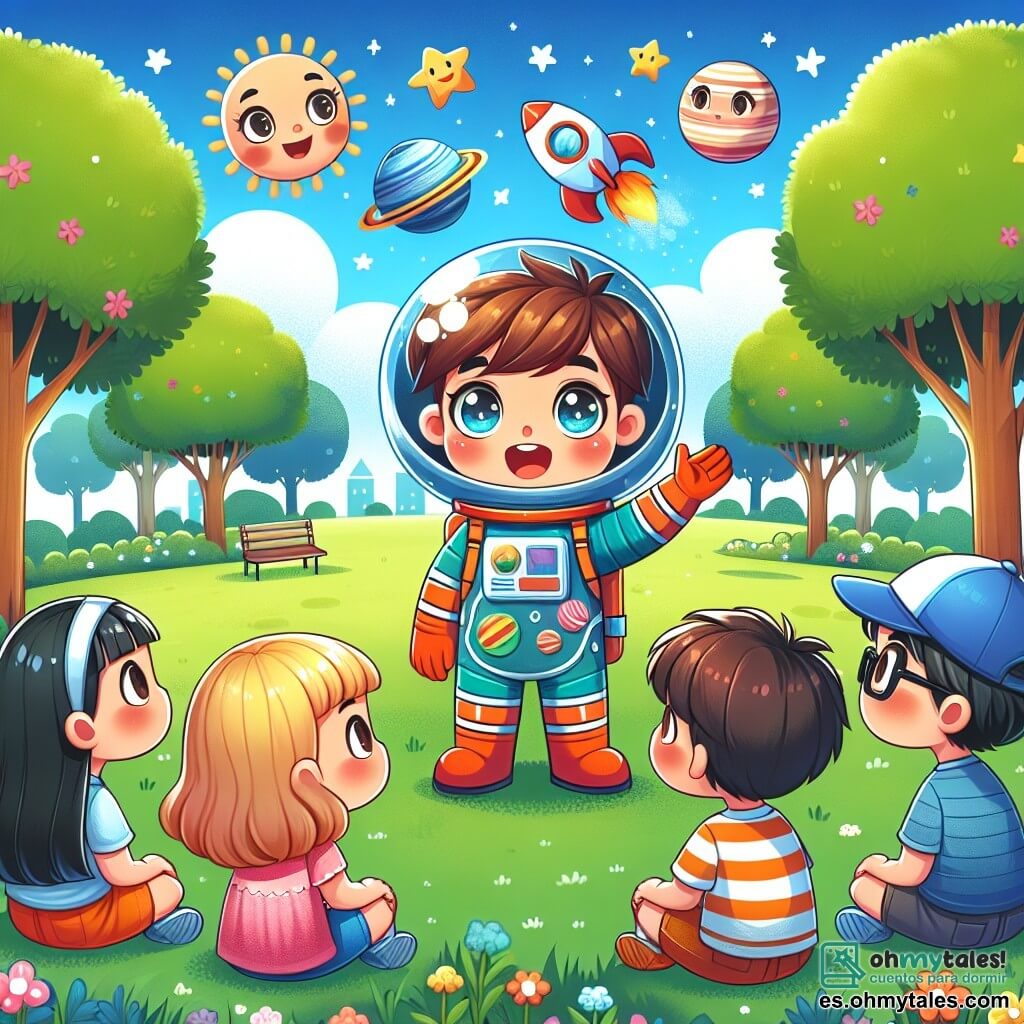 Une illustration sous forme de dessin destinée aux enfants représentant un parc ensoleillé avec des arbres verdoyants et un ciel bleu, où un jeune garçon aux cheveux bruns et aux yeux pétillants, vêtu d'une combinaison d'astronaute colorée, explique avec enthousiasme l'espace à un groupe de cinq enfants, dont une fille aux cheveux blonds et une autre aux cheveux noirs, écoutant attentivement, tandis qu'un garçon aux lunettes et un autre avec une casquette imaginent un voyage spatial, entourés de dessins de planètes et d'étoiles flottant autour d'eux.