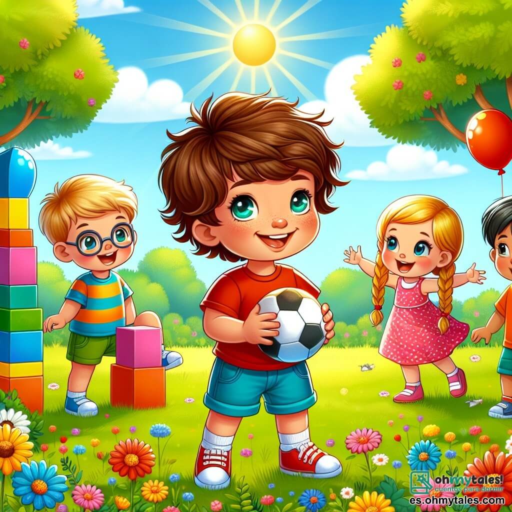 Ilustración que representa un parque soleado, lleno de árboles verdes con hojas brillantes y flores coloridas que bailan bajo la suave brisa. En el centro, un niño de 3 años, con cabello castaño despeinado y ojos brillantes, sostiene un gran cartel colorido donde está escrito "Todos somos iguales". Lleva una camiseta roja y un pantalón corto azul, y su rostro irradia alegría y emoción. A su lado, una niña de 4 años, con cabello rubio trenzado y un vestido rosa con lunares, sonríe sosteniendo un balón de fútbol, lista para jugar. Otro niño de 5 años, con gafas y cabello negro, está construyendo una torre de bloques cerca, observando con interés el cartel. La escena muestra una atmósfera de camaradería y felicidad, con niños jugando juntos, risas y juegos, ilustrando la idea de igualdad de género y amistad. Globos coloridos flotan en el cielo azul, añadiendo un toque festivo al conjunto.