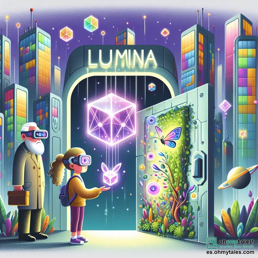 Une illustration sous forme de dessin destinée aux enfants représentant une ville futuriste de Lumina, avec des bâtiments flottants aux murs de verre colorés, où une fille de 9 ans aux cheveux bouclés et portant des lunettes interactives tient un petit robot cubique lumineux dans ses bras, tandis qu'un vieil homme aux lunettes de réalité augmentée et à la barbe blanche observe avec curiosité, tous deux se tenant devant une porte métallique couverte de végétation qui mène à un tunnel mystérieux, symbolisant leur quête pour découvrir les secrets cachés de la ville.