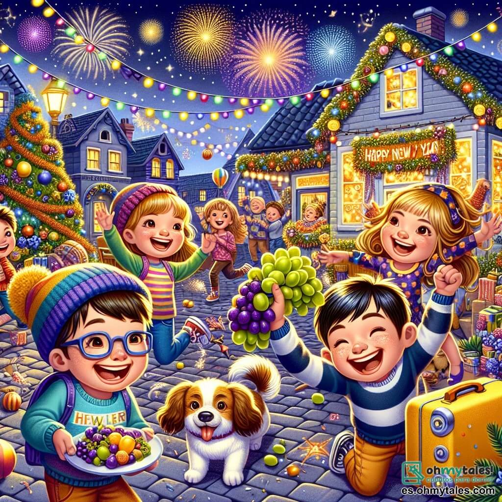 Ilustración que representa una escena festiva en un barrio animado, decorado con guirnaldas de colores y luces centelleantes. Las casas están adornadas con globos y banderines, y un gran árbol de Navidad brilla en el centro de la plaza. En primer plano, un niño de nueve años, con cabello castaño y gafas, sonríe alegremente mientras sostiene un plato lleno de doce uvas. A su lado, una niña de ocho años, con trenzas doradas y una camiseta colorida, levanta los brazos, lista para comer sus uvas. Otro niño, de diez años, con cabello negro y un suéter a rayas, ríe mientras sostiene un maletín amarillo, mientras un pequeño perro mestizo, con pelaje marrón, salta a su alrededor, lleno de energía. La escena captura la emoción del momento en que los niños se preparan para celebrar el Año Nuevo, rodeados de risas y alegría. En el fondo, fuegos artificiales iluminan el cielo nocturno, añadiendo un toque mágico a esta celebración. Estrellas brillan arriba, y amigos se reúnen, creando una atmósfera cálida y festiva.