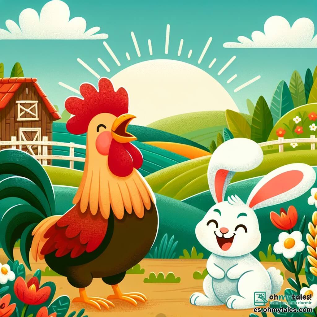 Une illustration destinée aux enfants représentant un fier coq chantant au lever du soleil, accompagné d'un joyeux lapin blanc aux grandes oreilles, dans une ferme rustique entourée de champs verdoyants et de fleurs colorées.