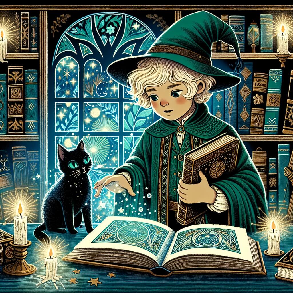 Une illustration destinée aux enfants représentant un jeune sorcier, vêtu d'une cape émeraude et coiffé d'un chapeau pointu, découvrant un vieux grimoire dans une bibliothèque enchantée, avec un chat noir aux yeux étincelants à ses côtés, dans une salle aux murs tapissés de livres anciens et de chandelles scintillantes, illuminée par la lueur magique d'une fenêtre en forme d'étoile.