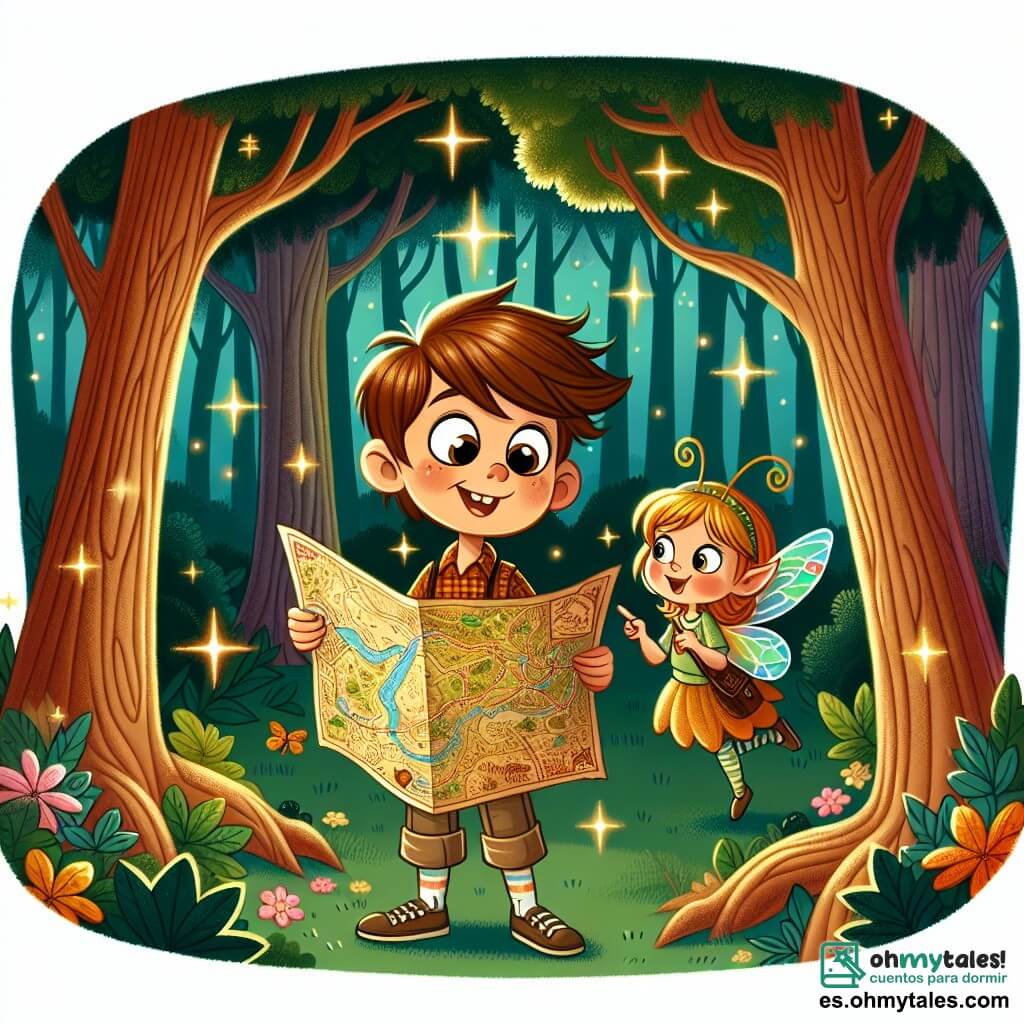 Une illustration sous forme de dessin destinée aux enfants représentant un vaste et mystérieux forêt enchantée, avec de grands arbres aux troncs épais et des feuilles scintillantes, où un garçon de 11 ans aux cheveux castaños et aux yeux pétillants d'excitation, vêtu d'une chemise à carreaux et de pantalons en toile, examine un ancien et coloré carte au trésor, tandis qu'à ses côtés, un petit être féerique aux ailes de mariposa et à la chevelure dorée, sourit malicieusement tout en pointant une direction sur la carte, capturant l'instant où ils s'apprêtent à débuter une grande aventure à la recherche d'un trésor caché.
