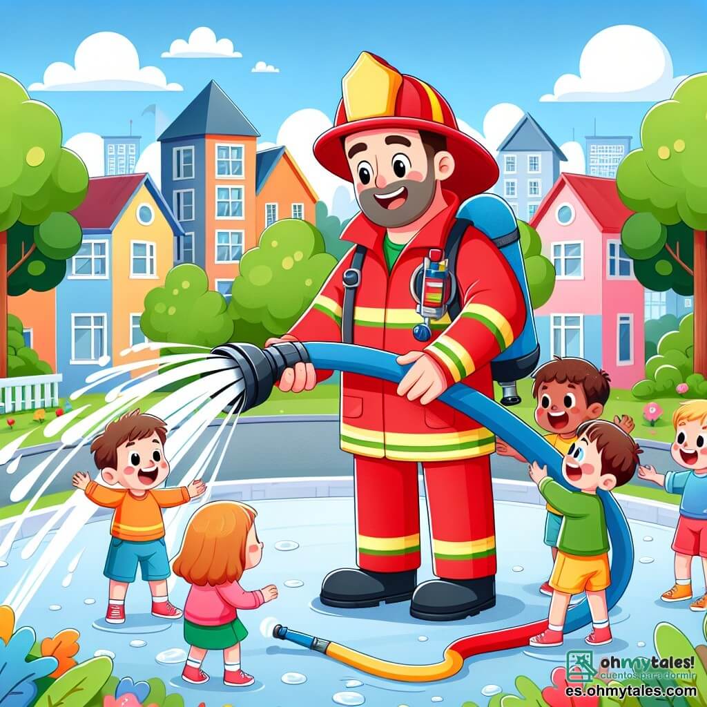 Une illustration sous forme de dessin destinée aux enfants représentant un parc coloré avec des arbres verdoyants et des maisons en arrière-plan, où un homme pompier au grand cœur, portant un uniforme rouge brillant et un casque, sourit tout en montrant aux enfants fascinés comment fonctionne une grande manguera, tandis que des garçons et des filles aux visages joyeux, avec des vêtements colorés, s'amusent à jouer avec l'eau qui jaillit, créant une atmosphère de camaraderie et d'apprentissage sur le courage et l'entraide.