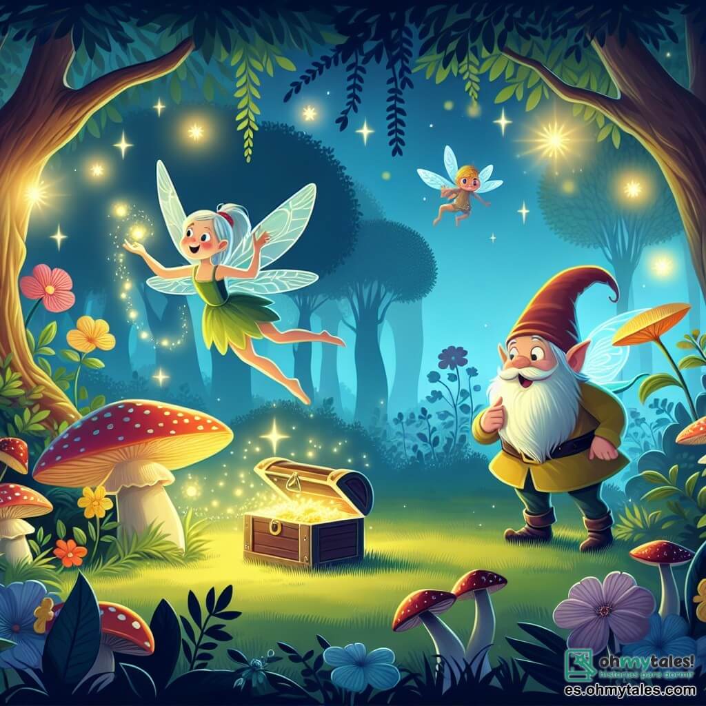 Une illustration destinée aux enfants représentant une fée espiègle découvrant un trésor caché avec l'aide d'un lutin farceur dans une clairière enchantée remplie de champignons lumineux, de fleurs dansantes et d'arbres qui chuchotent des secrets magiques.