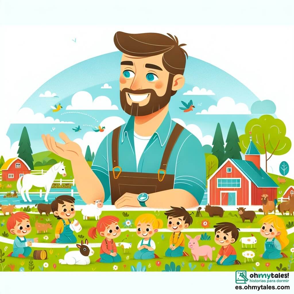 Une illustration destinée aux enfants représentant un homme passionné par la nature et la vie à la ferme, accompagné de jeunes enfants curieux, dans un petit village coloré entouré de champs verdoyants et d'animaux joyeux.