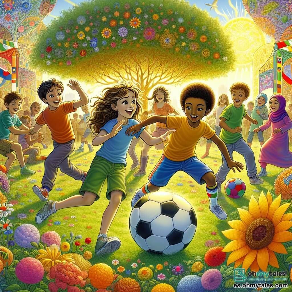 Ilustración que representa un jardín colorido y soleado, lleno de flores brillantes y árboles verdes. En el centro, un grupo de niños juega juntos alrededor de un gran balón de fútbol. Hay un niño de once años, con el cabello castaño desordenado y ojos brillantes, que sonríe alegremente mientras pasa el balón a otro niño. A su lado, una niña de la misma edad, con cabello largo y rizado, de origen hispánico, aplaude con entusiasmo. Otro niño, de origen marroquí, con piel oscura y una camiseta colorida, muestra sus habilidades de futbolista driblando el balón con agilidad. Todos los niños están reunidos, riendo y animándose mutuamente, ilustrando una hermosa escena de camaradería y tolerancia. Al fondo, otros niños miran con curiosidad, algunos acercándose para unirse al juego, simbolizando la aceptación y la amistad entre diferentes culturas. Elementos como banderas coloridas que representan diversas culturas ondean al viento, añadiendo un toque festivo a esta escena alegre.