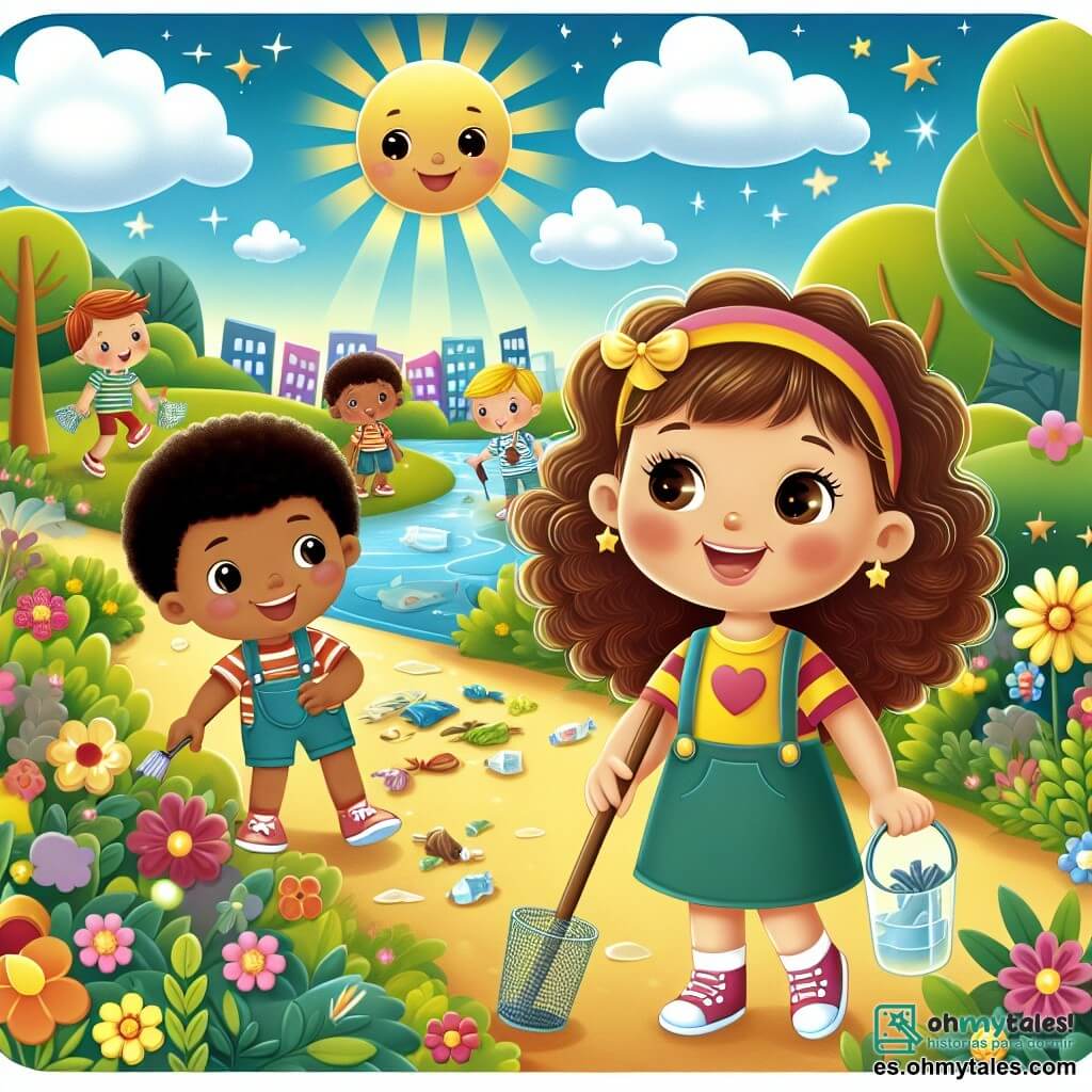 Une illustration destinée aux enfants représentant une petite fille aux cheveux bouclés, débordante d'énergie et de curiosité, qui, dans un charmant parc aux fleurs éclatantes et au lac scintillant sous le soleil, s'unit avec ses amis pour nettoyer les déchets laissés par des visiteurs distraits, tandis qu'un garçon aux yeux pétillants, toujours prêt à proposer des idées, l'encourage dans cette mission écologique.