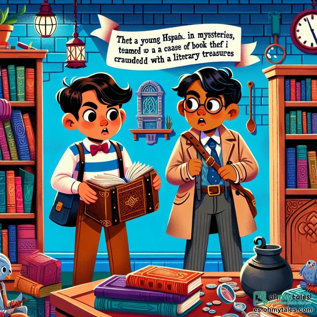 Une illustration destinée aux enfants représentant un jeune garçon passionné par les mystères, résolvant un vol de livres avec l'aide d'un camarade dans une bibliothèque pittoresque en pierre avec des étagères remplies de trésors littéraires.
