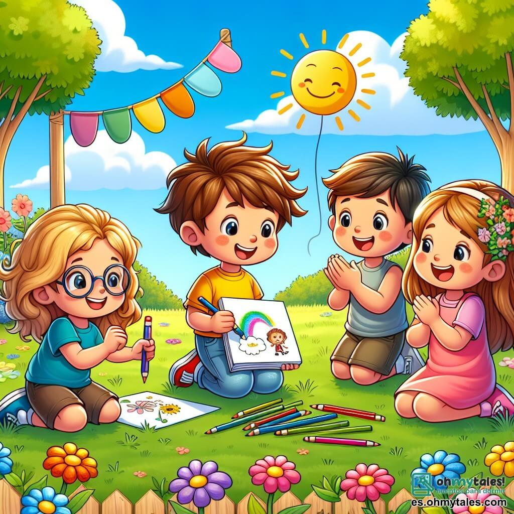 Ilustración que representa un parque soleado, lleno de flores coloridas y árboles de hojas verdes. En el centro, un grupo de cuatro niños está sentado en círculo sobre la suave hierba. Un niño de siete años, con el cabello castaño despeinado y una camiseta amarilla, dibuja con lápices de colores, mostrando una sonrisa tímida. A su lado, una niña de siete años, con cabello rizado y un vestido rosa, lo escucha atentamente, con los ojos brillantes de interés. Otro niño, con gafas y cabello rubio, levanta la mano para compartir su dibujo, mientras que una niña de cabello largo y liso, que lleva una camiseta azul, sonríe y aplaude. La escena captura un momento de compartir y apoyo, donde los niños expresan sus emociones a través del dibujo. Al fondo, globos de colores flotan en el aire y un gran cartel de madera muestra el mensaje "Juntos somos más fuertes". El cielo es de un azul brillante, simbolizando la esperanza y la alegría, mientras que pájaros vuelan alegremente sobre ellos, añadiendo un toque de vida a esta ilustración llena de calidez y amistad.