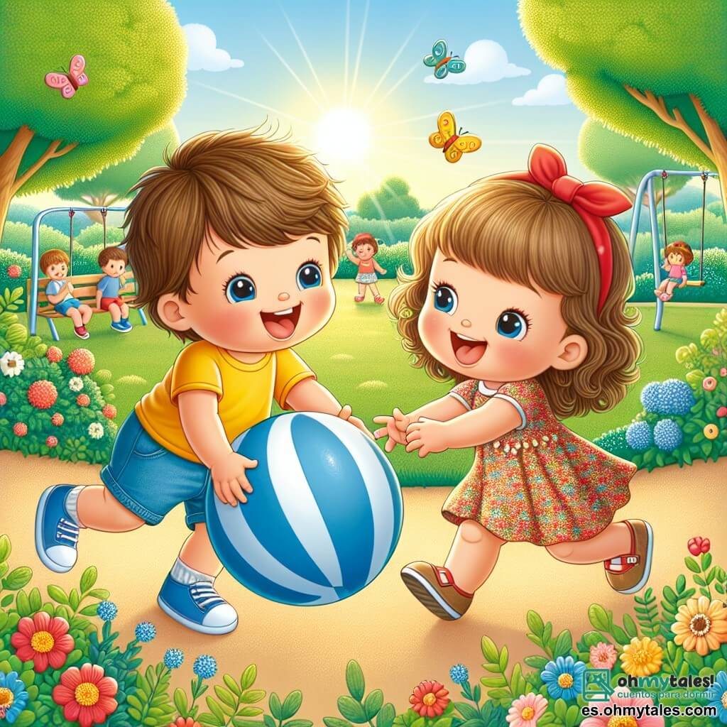 Ilustración que representa un parque soleado, lleno de exuberante vegetación y flores coloridas. En el centro, un niño de 1 año, con cabello castaño desordenado y una brillante sonrisa, juega con una gran pelota azul. Lleva una camiseta amarilla brillante y un pantalón corto de denim, con sus pequeñas manos extendidas hacia la pelota. A su lado, una niña de 2 años, con cabello rizado y un bonito sombrero rojo, ríe alegremente. Lleva un vestido de flores y corre hacia el niño, lista para atrapar la pelota. La escena captura un momento de felicidad y amistad, donde los dos niños se divierten juntos en el parque. Al fondo, se pueden ver árboles verdes, niños jugando en columpios y un cielo azul salpicado de nubes blancas. Mariposas coloridas vuelan a su alrededor, añadiendo un toque de magia a este hermoso día.