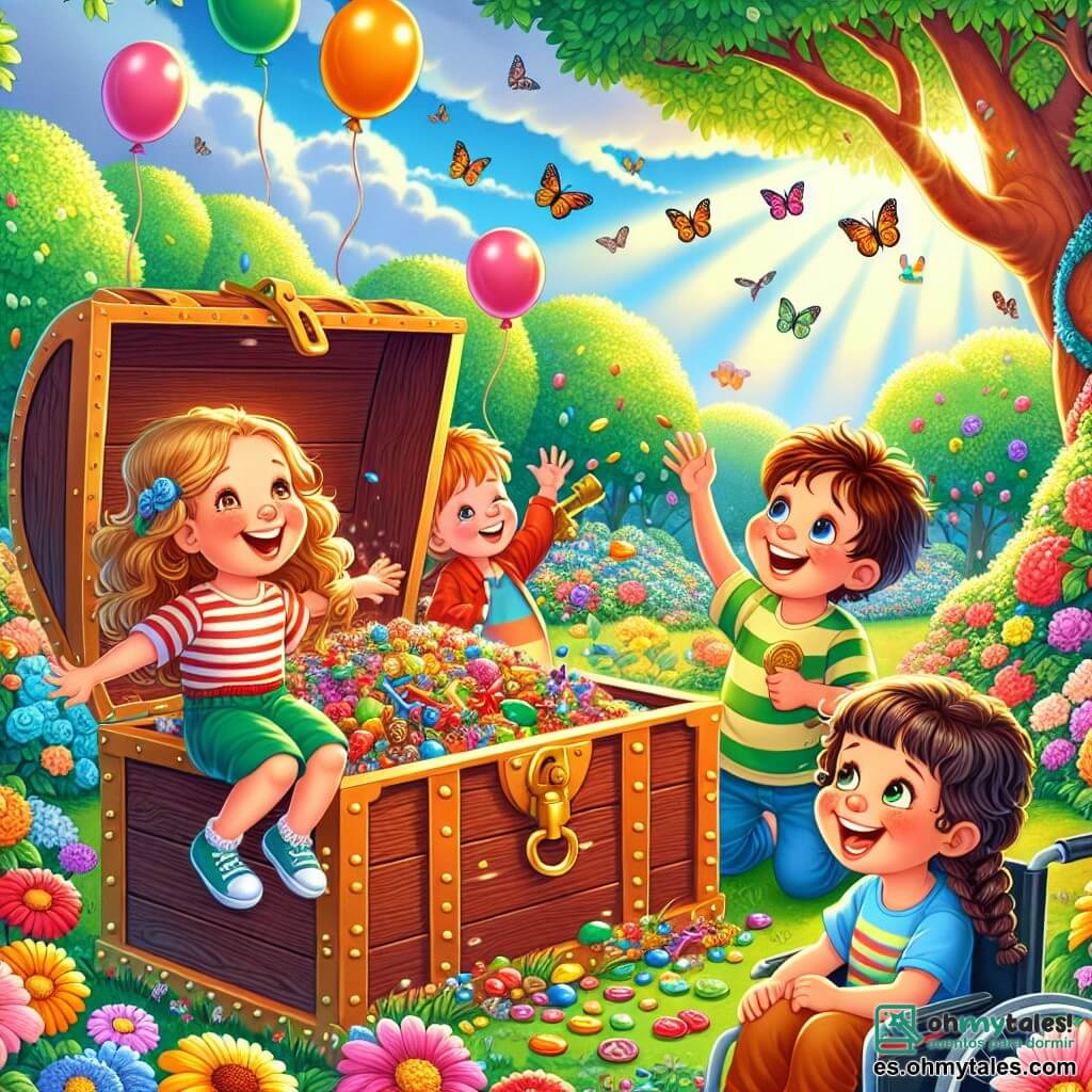 Ilustración que representa un jardín soleado lleno de flores coloridas y grandes árboles frondosos. En el centro, un gran baúl de madera, ligeramente abierto, rebosante de juguetes coloridos y caramelos brillantes. Un niño de siete años, con cabello castaño despeinado y ojos chispeantes, se encuentra al lado del baúl, sosteniendo una llave dorada en su mano. Una niña de siete años, con cabello largo y rizado, sonríe alegremente señalando el tesoro. Un niño de siete años, sentado en una silla de ruedas, observa con asombro el contenido del baúl, mientras que otra niña de siete años, con trenzas y una camiseta colorida, se acerca con una gran sonrisa. Los cuatro celebran su descubrimiento, rodeados de globos flotantes y mariposas danzando a su alrededor. El cielo es azul con algunas nubes blancas, añadiendo un toque de magia a esta escena de amistad y aventura.