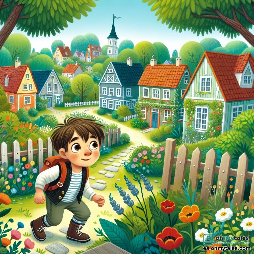 Une illustration destinée aux enfants représentant un petit garçon curieux et aventurier, confronté aux problèmes de ses parents, aidé par son nouveau meilleur ami, dans un paisible quartier de maisons colorées entourées de jardins fleuris et d'arbres verdoyants.