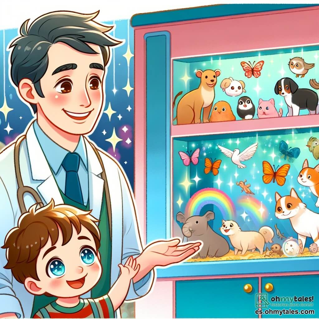 Une illustration destinée aux enfants représentant un homme chaleureux et souriant, accompagné d'un garçon curieux aux yeux brillants, découvrant un monde magique rempli d'animaux variés dans une clinique vétérinaire colorée et accueillante.