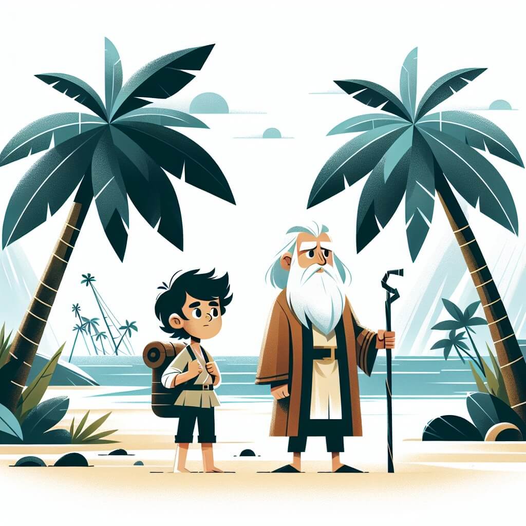 Une illustration destinée aux enfants représentant un intrépide explorateur à la chevelure sombre, se tenant debout sur une plage de sable blanc bordée de palmiers majestueux, accompagné d'un sage guide barbu, sur le point de commencer une aventure épique sur une île mystérieuse et déserte.