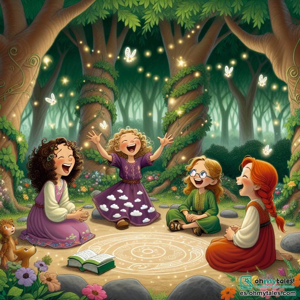 Ilustración que representa una escena encantada en el Bosque de los Susurros, donde árboles de troncos retorcidos y hojas brillantes susurran secretos. El suelo está cubierto de un tapiz de flores coloridas que parecen reír al caminar sobre ellas, y luciérnagas bailan en el aire, iluminando la atmósfera mágica. En el centro de la imagen, cuatro niñas de entre 8 y 10 años se encuentran en círculo. La primera, con cabello rizado y castaño, lleva un vestido violeta decorado con motivos de nubes. Se ríe a carcajadas, con los brazos en alto, como si hubiera contado un chiste. A su lado, una niña de cabello rubio liso, vestida con una túnica verde, hace gestos exagerados, imitando una danza alegre. La tercera, con trenzas pelirrojas, lleva un vestido rojo y tiene una expresión traviesa, lista para reír. Finalmente, la cuarta, con gafas redondas y cabello castaño, está sentada sobre una piedra, riendo mientras sostiene un libro abierto en sus rodillas. La escena principal muestra a las niñas compartiendo una historia hilarante, rodeadas de cristales brillantes y piedras que parecen vibrar de risa. Destellos de luz emanan de las luciérnagas, añadiendo un toque de magia al conjunto. En el fondo, árboles con caras sonrientes y flores coloridas refuerzan la atmósfera alegre y fantástica de la escena.