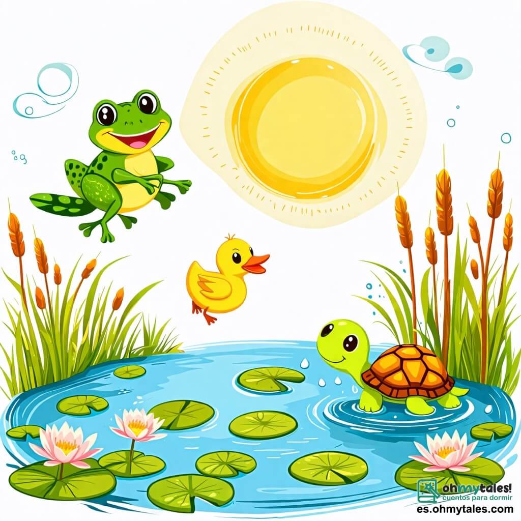 Une illustration sous forme de dessin destinée aux enfants représentant un paisible étang entouré de nénuphars et de roseaux, où une grenouille verte aux yeux pétillants et au sourire malicieux saute joyeusement dans l'air, tandis qu'un canard jaune aux plumes brillantes bat des ailes avec enthousiasme et une tortue à la carapace colorée roule dans l'eau, créant des éclaboussures amusantes, le tout baigné par la lumière douce d'un après-midi ensoleillé.