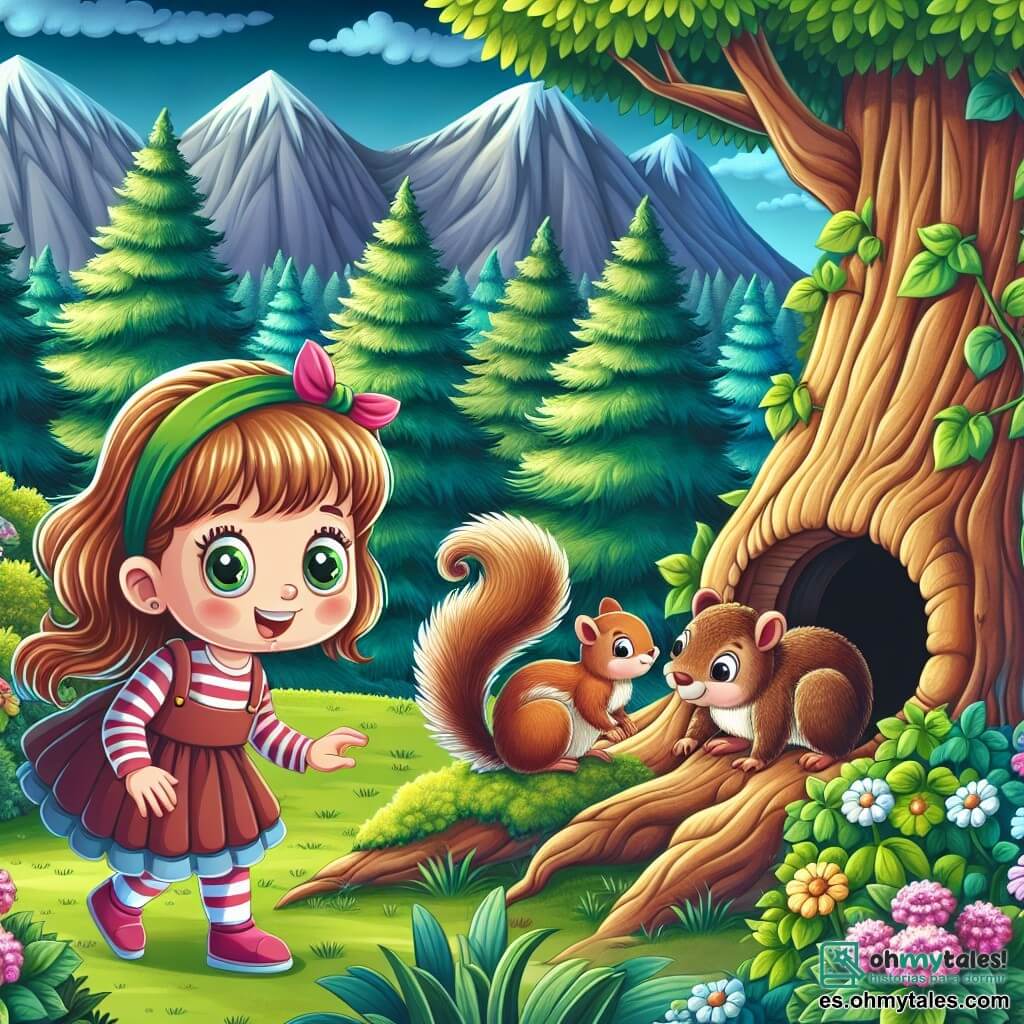 Une illustration destinée aux enfants représentant une jeune fille curieuse et pleine de vie, accompagnée de son adorable ami à plumes, découvrant un mystérieux arbre creux habité par une famille d'ardilles, dans un magnifique jardin entouré de montagnes majestueuses et d'arbres verdoyants.