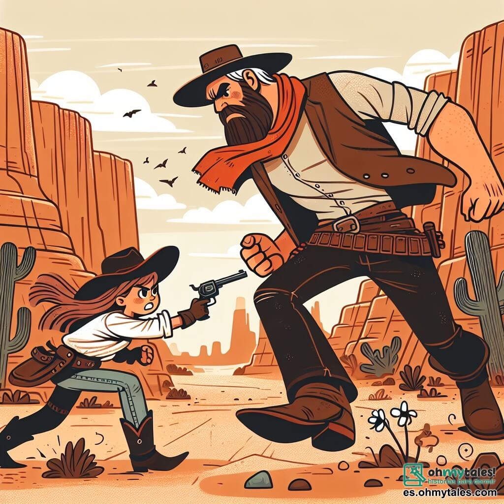 Une illustration destinée aux enfants représentant une jeune fille vaquera, courageuse et déterminée, affrontant un redoutable bandit dans un canyon aride et poussiéreux du Far West américain.